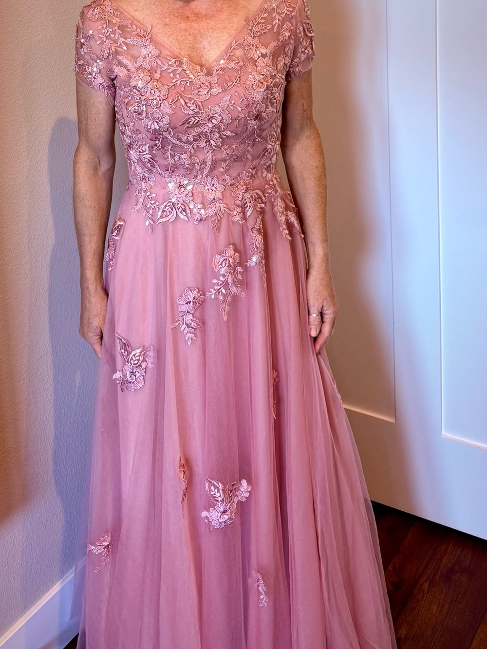 Formal Gown, Mauve Floral Applique’ Lace & Tulle Floor Length V-Neck Dress